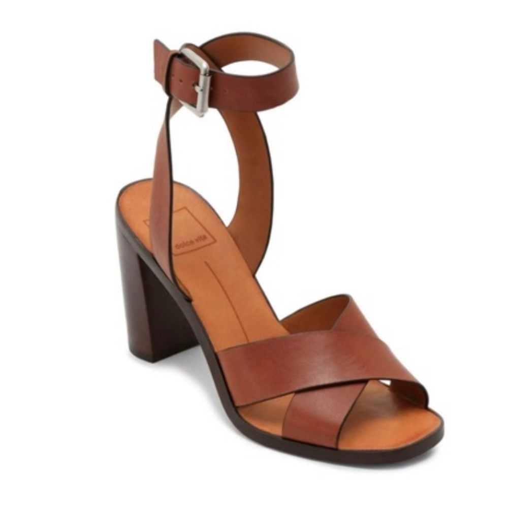 Dolce Vita Nala Brown Leather Heeled Sandals with Ankle Strap